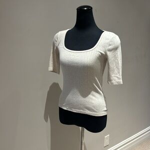 ROOTS CREAM SHORT SLEEVE SQUARE NECK RIBBED TOP 100% ORGANIC COTTON